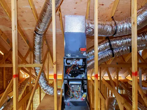A gas furnace with its front panels off, showing the burner compartment, blower and control board, with insulated ducts around it in an unfinished attic