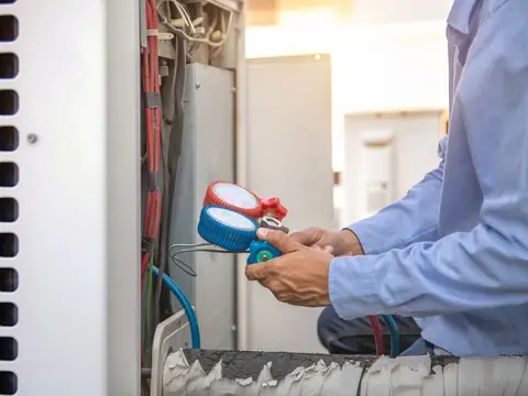 Two hands holding a set of red and blue refrigerant gauges with a hose running into the open side of an outdoor air conditioner unit